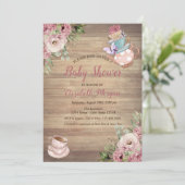 Tapot Tea cup Floral Wood Baby shower Kaart (Staand voorkant)