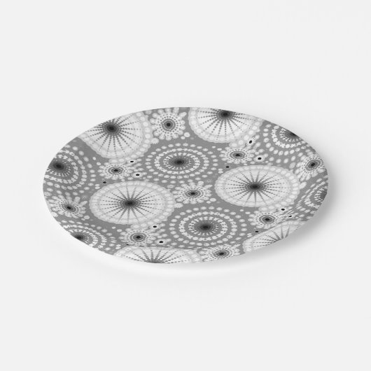 Tarbursts en pinwheels, grijs, zwart-wit papieren bordje (Gekanteld)