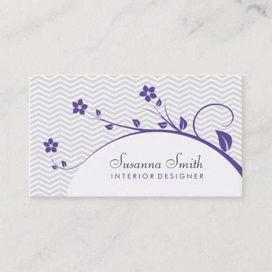 Tarjeta con flores púrpura y chevrón elegante visitekaartje (Voorkant)