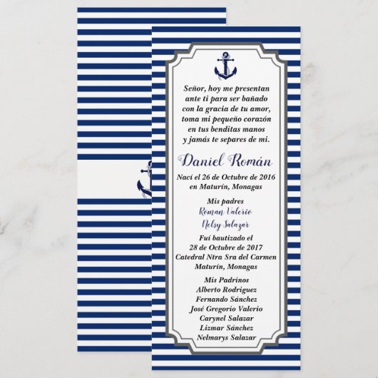 Tarjeta de Bautizo Nautico Ancla azul gris Kaart (Voorkant / Achterkant)