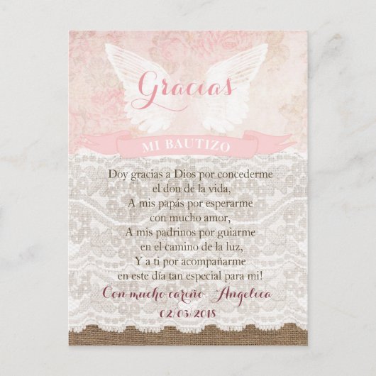 Tarjeta de Gracias con oración para Bautismo Briefkaart (Voorkant)