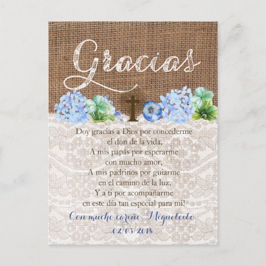 Tarjeta de gracias con oración para Bautizo Briefkaart (Voorkant)