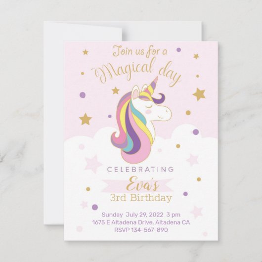 Tarjeta de invitación para cumpleaños unicornio (Voorkant)