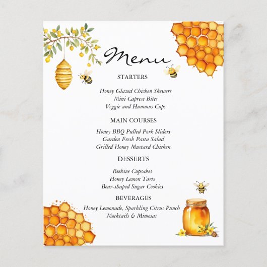 Tarjeta de menú Baby shower Bijenhoning Beer (Voorkant)