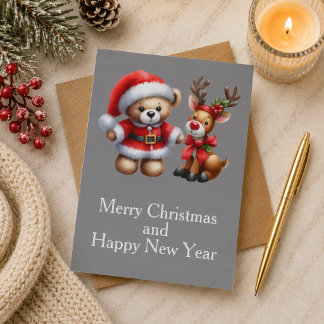 Tarjeta de Navidad con imagen de osito y reno. Kaart
