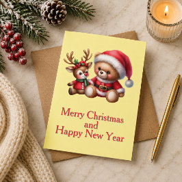 Tarjeta de Navidad con imagen de osito y reno. Kaart