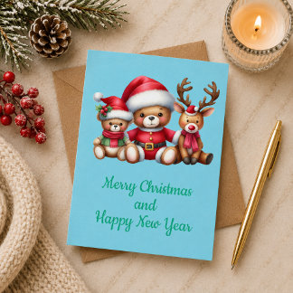 Tarjeta de Navidad con imagen de osito y reno. Kaart