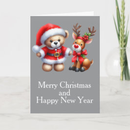 Tarjeta de Navidad con imagen de osito y reno. Kaart