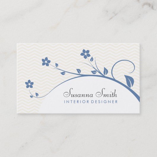 Tarjeta elegante con flores azules y chevrón visitekaartje (Voorkant)