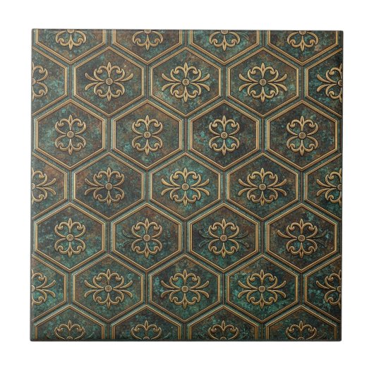 Tarnished Teal & Bronze Hexagon #17 ID1227 Tegeltje (Voorkant)