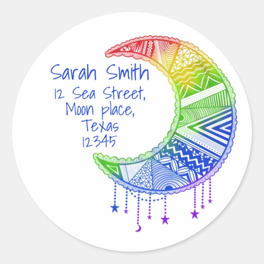 Taro maan, boho, regenboog, adreslabel ronde sticker (Voorkant)