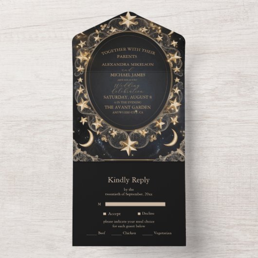Tarot Celestial Wedding Sun Moon Stars Gold All In One Uitnodiging (Binnen)