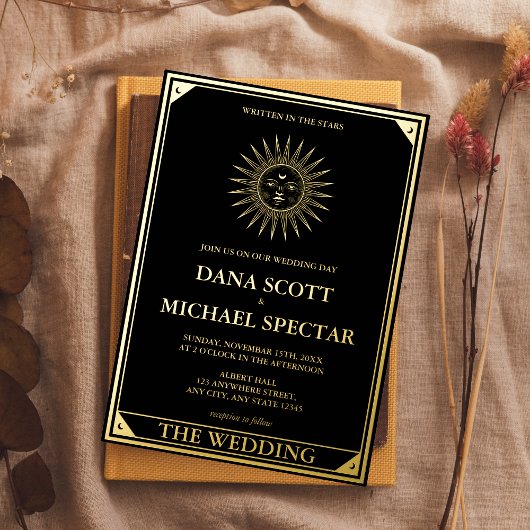 Tarot Celestial Wedding Sun Moon Stars Gold Folie Uitnodiging