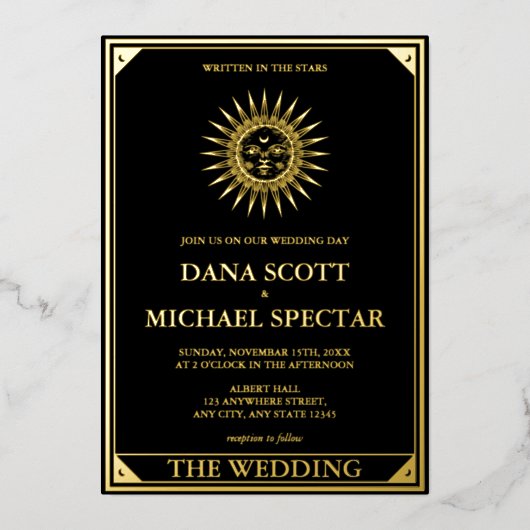 Tarot Celestial Wedding Sun Moon Stars Gold Folie Uitnodiging (Voorkant)