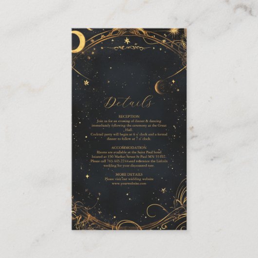 Tarot Celestial Wedding Sun Moon Stars Gold Informatiekaartje (Voorkant)