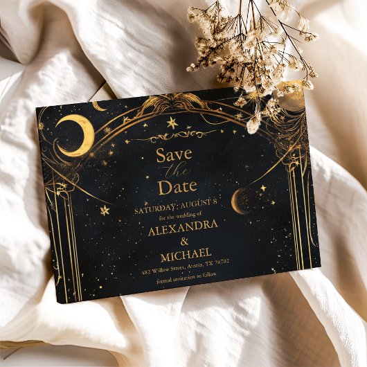 Tarot Celestial Wedding Sun Moon Stars Gold Save The Date
