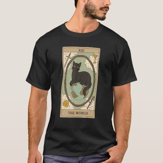 Tarot Kaart De Wereld En Kat Kosmische Grafische K T-shirt (Voorkant)