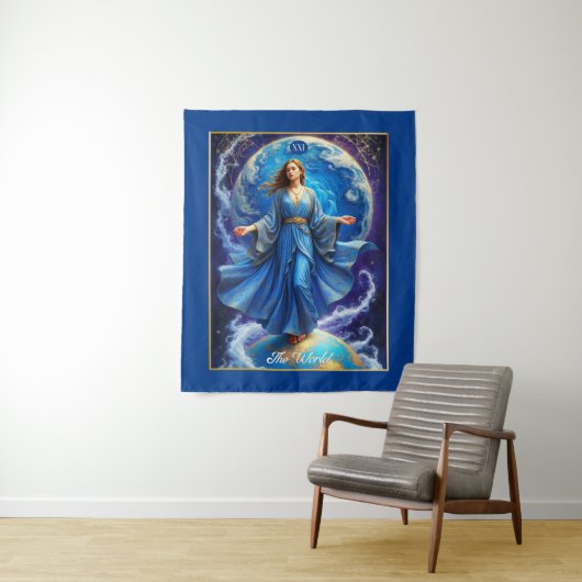 Tarot Kaart, de wereld, in Deep Blue Wandkleed (In situ)