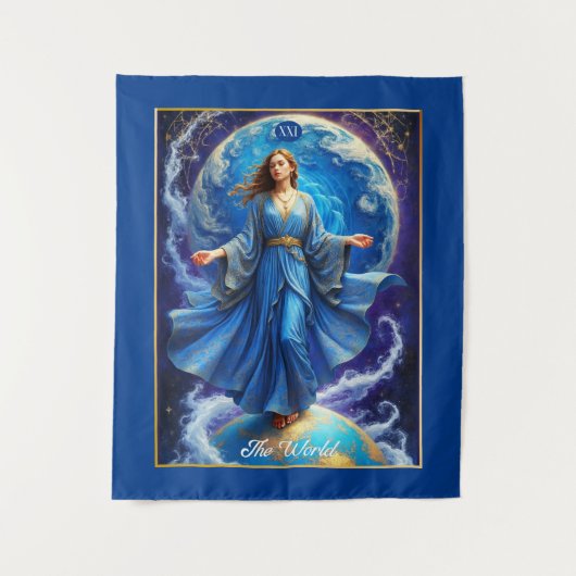 Tarot Kaart, de wereld, in Deep Blue Wandkleed (Voorkant)