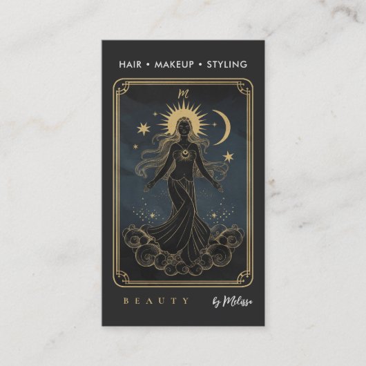 Tarot Maan Water Godin Modern Elegant Zwart Goud Visitekaartje (Voorkant)