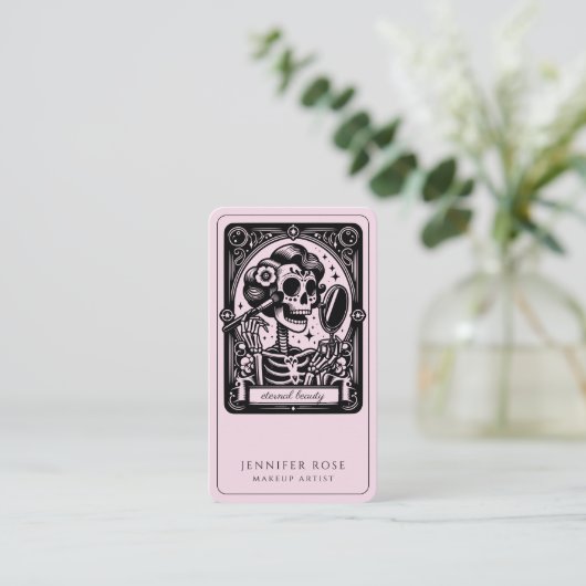 Tarot Make-up Artist Skeleton Blush Pink Visitekaartje (Staand voorkant)