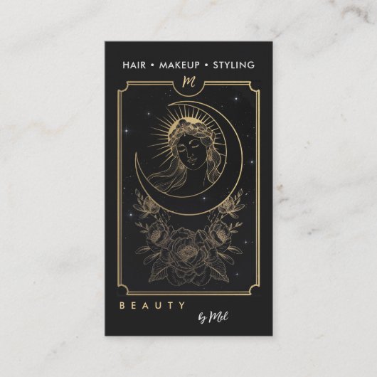 Tarot Moon Goddess Rozen Modern Elegant Zwart Goud Visitekaartje (Voorkant)