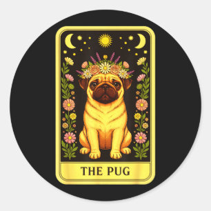 Tarot Pug Kaart Bloemenkroon Zon Maan Sterren Kuns Ronde Sticker