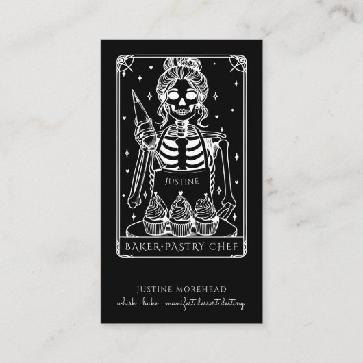 Tarot Skelet Bakker Gardeer Cupcake Zwart Visitekaartje (Voorkant)