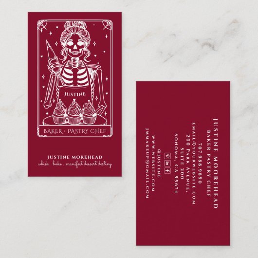 Tarot Skeleton Baker Whisky Cupcake Bourgogne Visitekaartje (Voorkant / Achterkant)