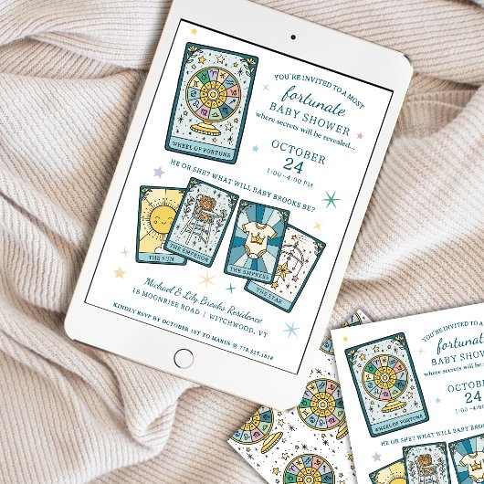 Tarot Wheel of Fortune Gender Reveal Baby Shower Kaart