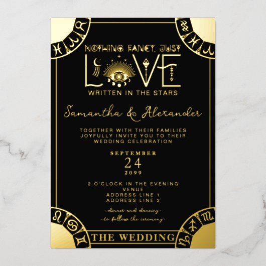 Tarot Zodiac teken Evil Eye zwart hemelse bruiloft Folie Uitnodiging (Voorkant)