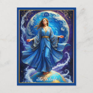 Tarotkaart, de Wereld, in diepblauw Briefkaart