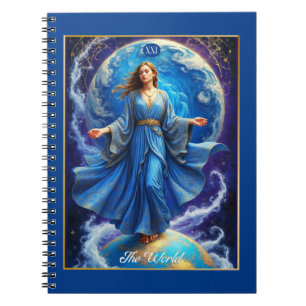 Tarotkaart, de Wereld, in diepblauw  Notitieboek