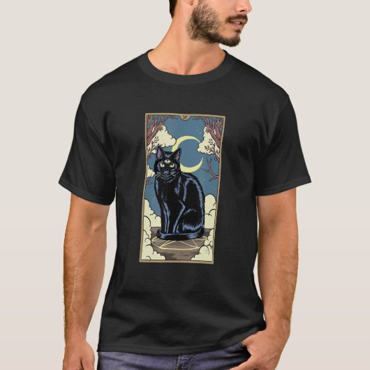 Tarotkaart Drie-ogige Zwarte Kat Halvemaan Gotisch T-shirt (Voorkant)