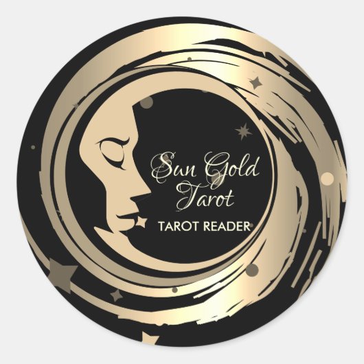 Tarotlezer Gouden Sterren Maan Ronde Sticker (Voorkant)