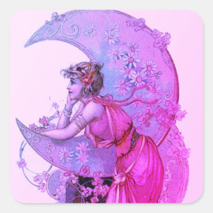 TAROTS / LADY OF MOON MET BLOEMEN ROZE PAARSE VIERKANTE STICKER