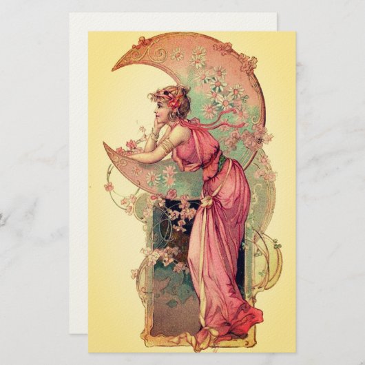 TAROTS/ LADY VAN DE MAAN MET BLOEMEN roze geel Briefpapier (Voorkant / Achterkant)