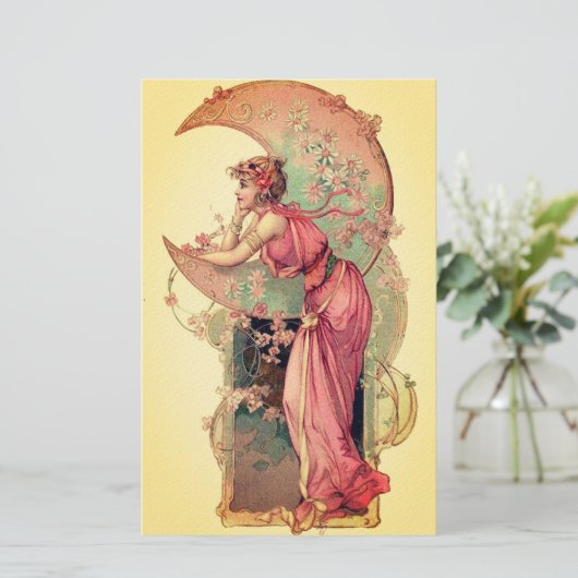 TAROTS/ LADY VAN DE MAAN MET BLOEMEN roze geel Briefpapier (Staand voorkant)