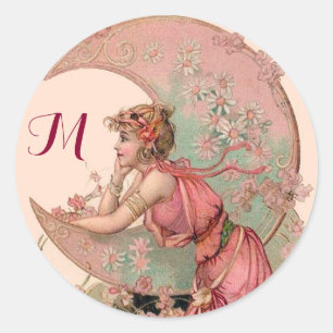TAROTS/LADY VAN DE MON,STROMEN IN PINKMONOGRAM RONDE STICKER