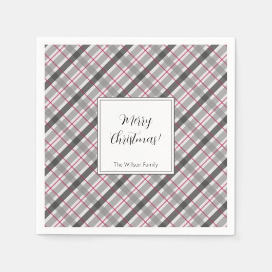 Tartan Balmoral Black Grey Burgundy Monogrammed Servet (Voorkant)