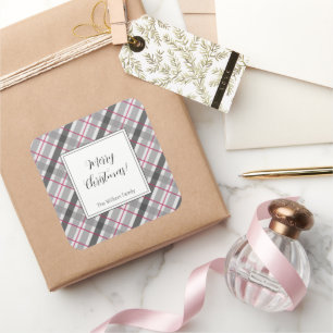 Tartan Balmoral Black Grey Burgundy Monogrammed Vierkante Sticker