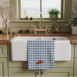 Tartan blauw groen eenvoudig wilde bloemenpatroon theedoek
