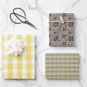 Tartan bloem geel grijs set inpakpapier vel