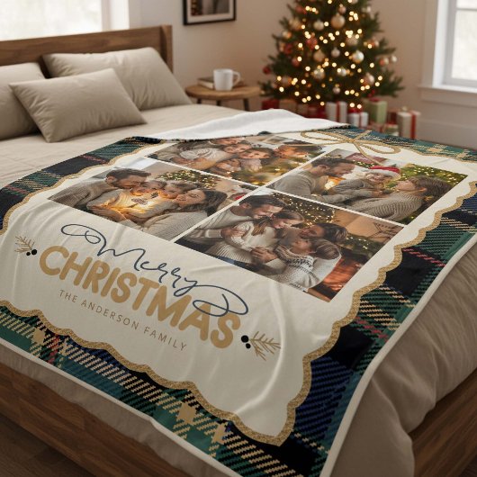 Tartan Border Christmas 4 Photo Template ID1141B Fleece Deken