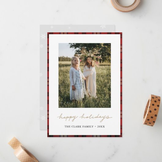 Tartan Border Snowflakes Kerstmis Kaart Notitiekaartje (Voorkant / Achterkant in situ)