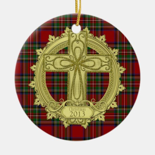 Tartan Celtic Cross Kerstmis Fotosjabloon Keramisch Ornament (Voorkant)
