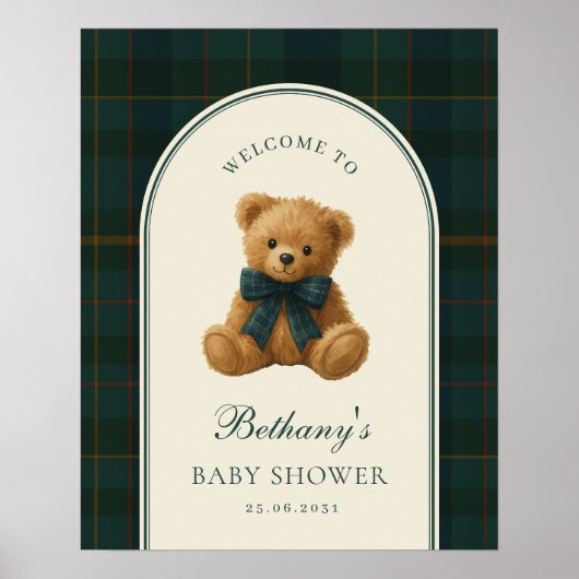 Tartan Check Teddy Bear Baby Shower Welcome Poster (Voorkant)