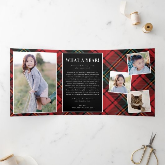 Tartan Classic Script Christmas Photo Trifold Kaar Drieluik Uitnodiging (Binnen)