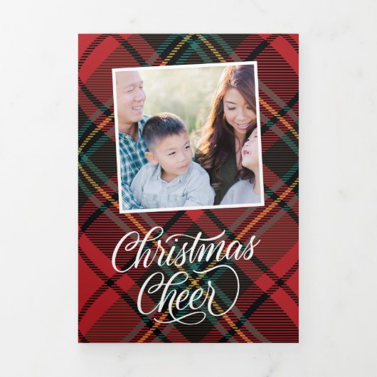 Tartan Classic Script Christmas Photo Trifold Kaar Drieluik Uitnodiging (Cover)