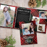 Tartan Classic Script Christmas Photo Trifold Kaar Drieluik Uitnodiging<br><div class="desc">Dit prachtige drievoudige ontwerp heeft een rode tartan geruite achtergrond en een elegant kalligrafieschrift. De begroeting op de voorkant zegt "Christmas Cheer". Wanneer u het eerste deelvenster opent, ziet u één verticale foto. Als je de kaart helemaal opent zie je links één verticale foto en rechts drie kleinere vierkante foto's....</div>